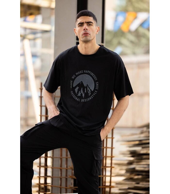 Erkek Baskılı T-Shirt Kısa Kol Bisiklet Yaka Regular Fit Rahat Kalıp Günlük Tişört - Siyah