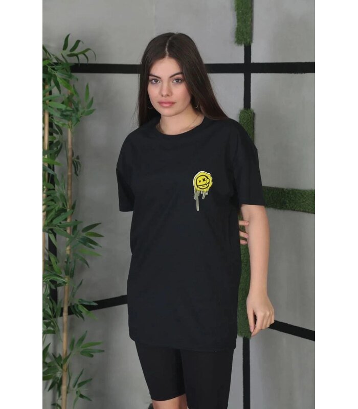 Kadın Bisiklet Yaka Baskılı Kısa kol Oversize T-Shirt - Siyah