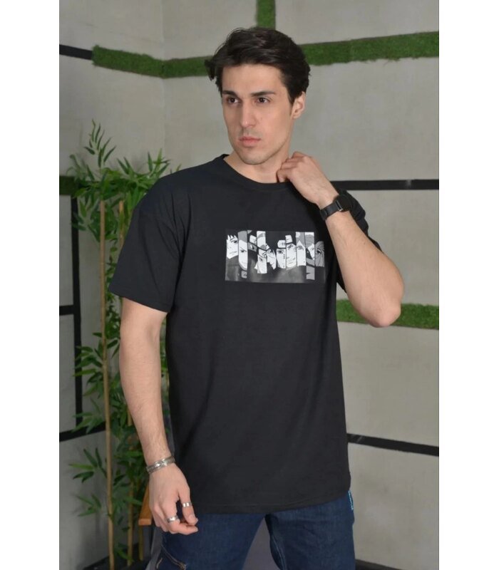 Erkek Kısa Kol Yazlık Tişört Bisiklet Yaka Baskılı Oversize T-Shirt - Siyah