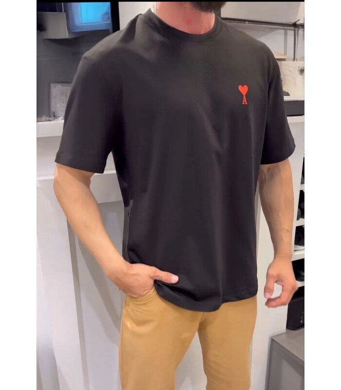 Erkek Kısa Kol Tişört Bisiklet Yaka KALP Baskılı Oversize T-Shirt - Siyah