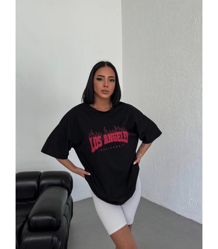 Kadın Kısa Kol Yazlık Tişört Bisiklet Yaka Los Angeles Baskılı T-Shirt - Siyah