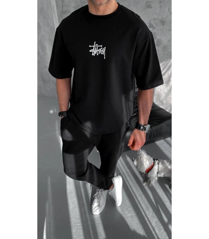 Erkek Kısa Kol Yazlık Tişört Bisiklet Yaka Baskılı Oversize T-Shirt - Siyah