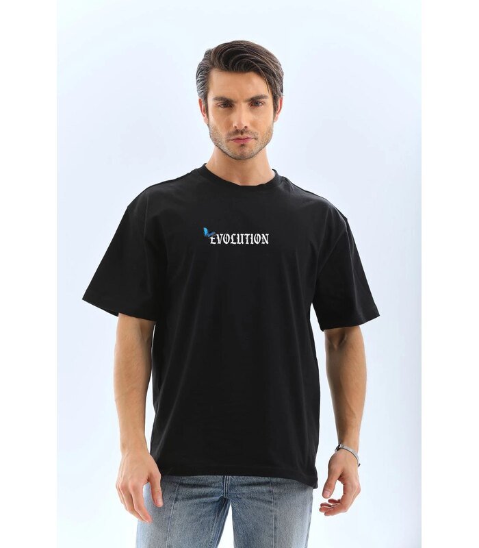 Erkek Kısa Kol Yazlık Tişört Bisiklet Yaka KELEBEK Baskılı T-Shirt - Siyah