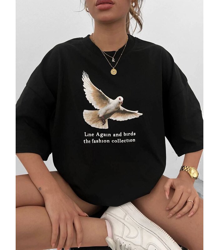 Kadın Kısa Kol Yazlık Tişört Bisiklet Yaka Güvercin Baskılı T-Shirt - Siyah