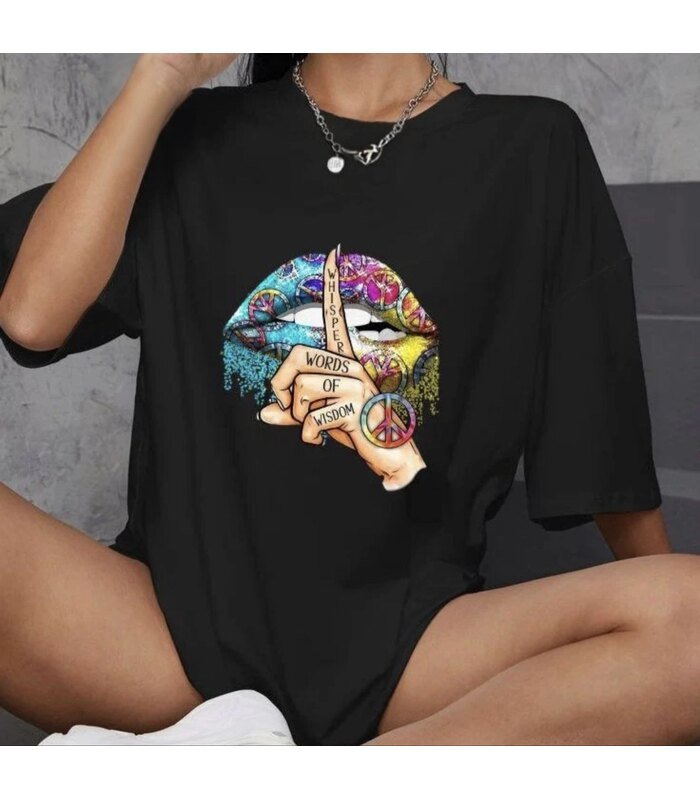 Kadın Baskılı T-Shirt Kısa Kol Bisiklet Yaka Oversize Rahat Kalıp Günlük Tişört - Siyah