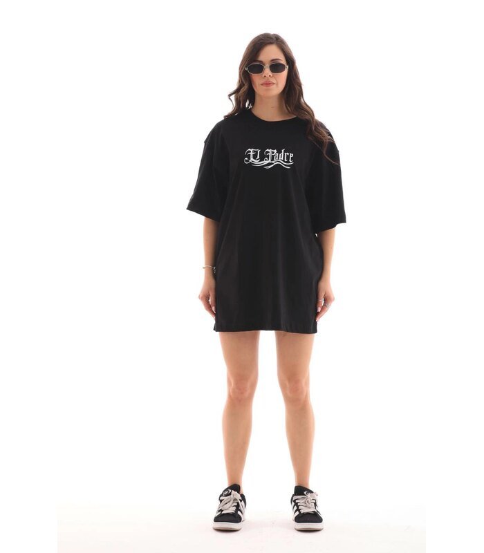Kadın Kısa Kol Yazlık Tişört Bisiklet Yaka Baskılı Oversize T-Shirt - Siyah