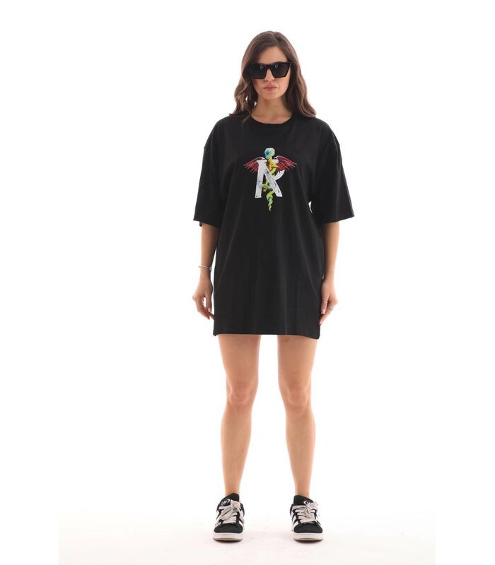 Kadın Baskılı T-Shirt Kısa Kol Bisiklet Yaka Regular Fit Rahat Kalıp Günlük Tişört -Siyah