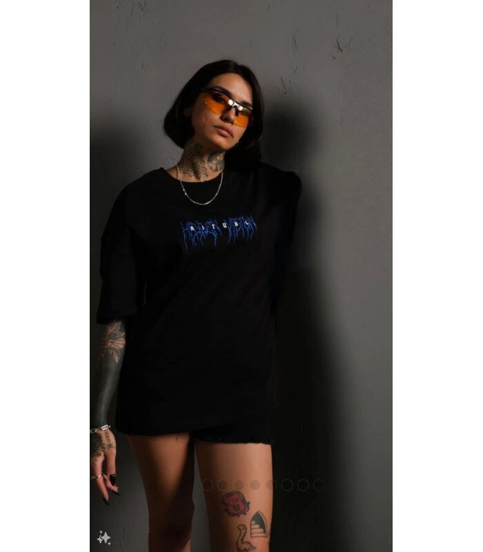 kadın Bisiklet Yaka Baskılı Oversize Kısa kol T-Shirt - Siyah