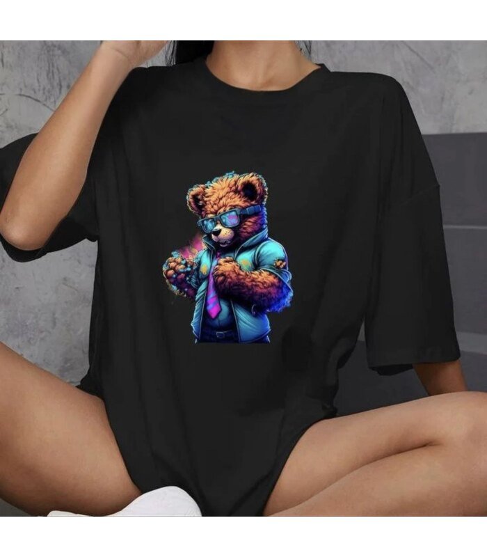 Kadın Baskılı T-Shirt Kısa Kol Bisiklet Yaka Oversize Rahat Kalıp Günlük Tişört - Siyah