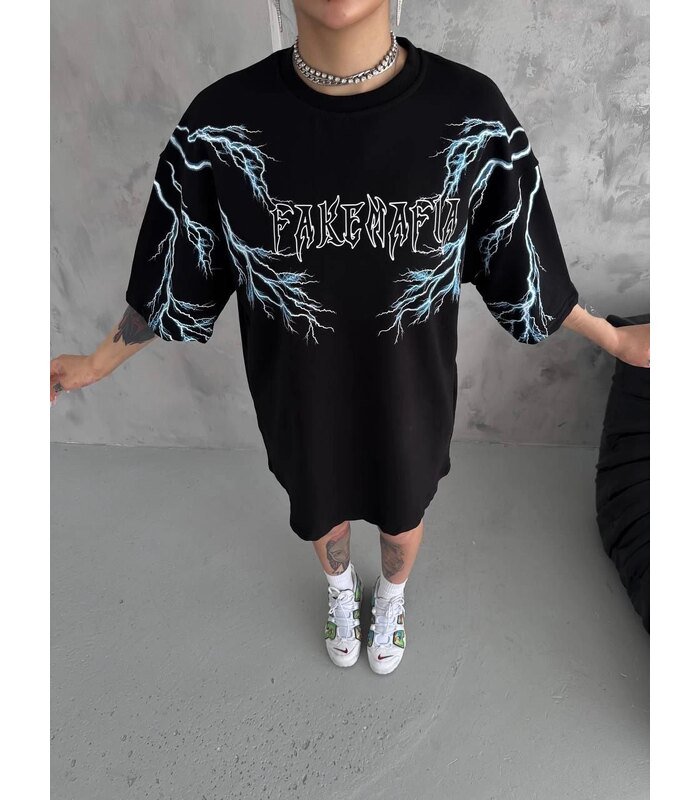 Kadın Bisiklet Yaka Yıldırım Baskılı  Kısa kol Oversize T-Shirt - Siyah