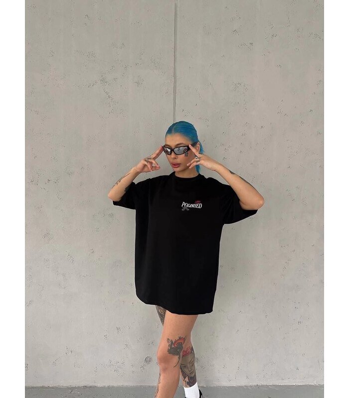 Kadın Bisiklet Yaka Baskılı kısa kol Oversize T-Shirt - Siyah