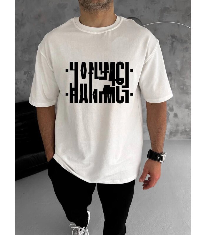 Erkek Tişört Kısa Kol Bisiklet Yaka Katlanan HANIMCI Baskılı T-Shirt - Beyaz
