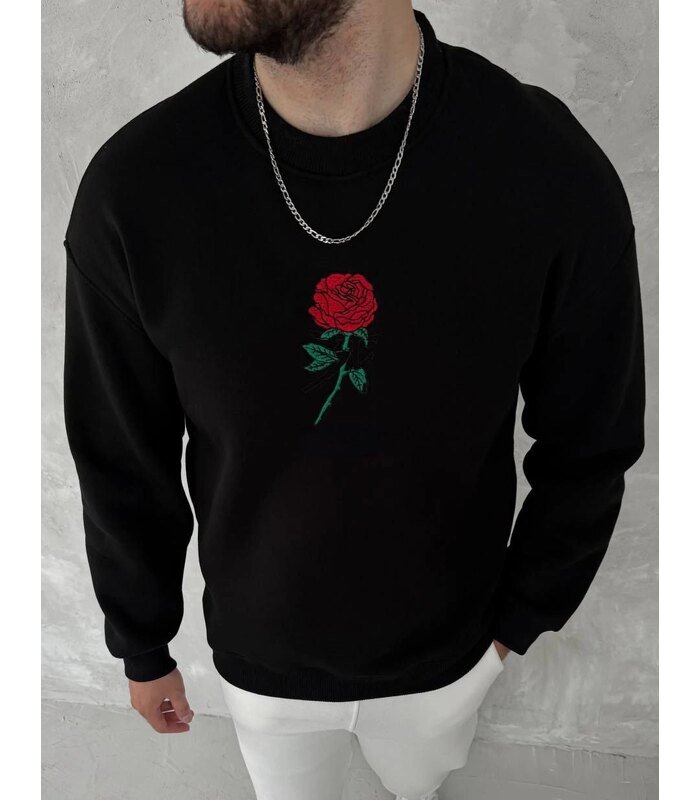 ERKEK 3 iplik Pamuklu Bisiklet Yaka Ön Ve Arka Baskılı SweatShirt - Siyah