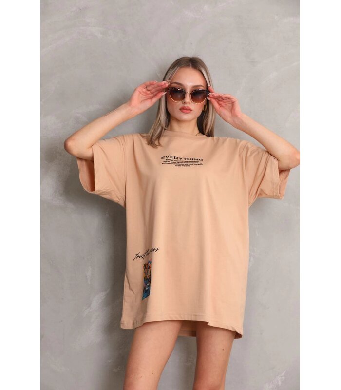 kadın Bisiklet Yaka Baskılı Oversize Kısa kol T-Shirt - Bej