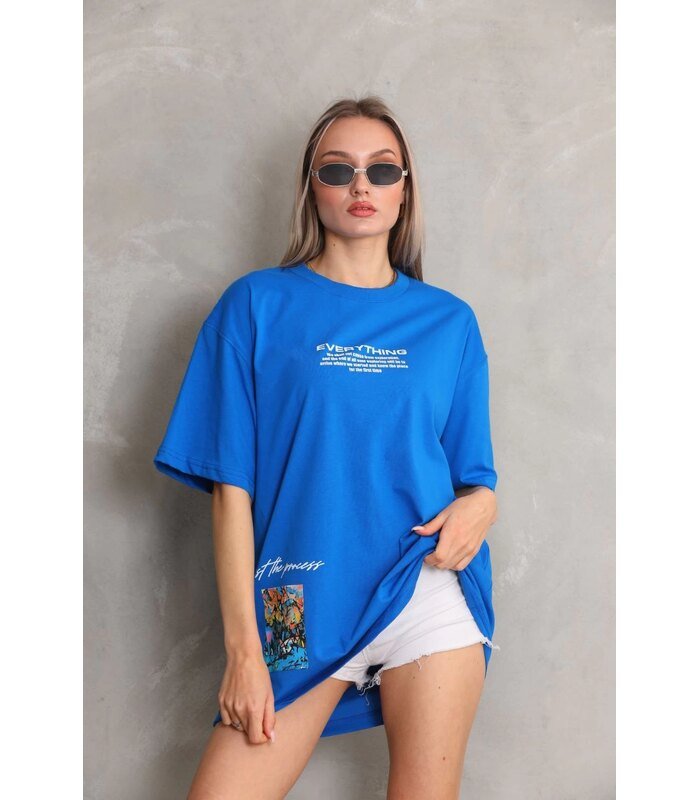 kadın Bisiklet Yaka Baskılı Oversize T-Shirt - Mavi