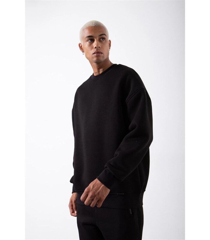 ERKEK Bisikilet Yaka 3 İplik Pamuklu SweatShirt - Siyah