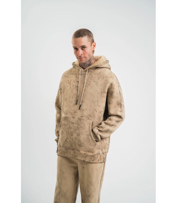 ERKEK 3 iplik Pamuklu Oversize Kapüşonlu Yıkamalı Hoodie SweatShirt - Bej