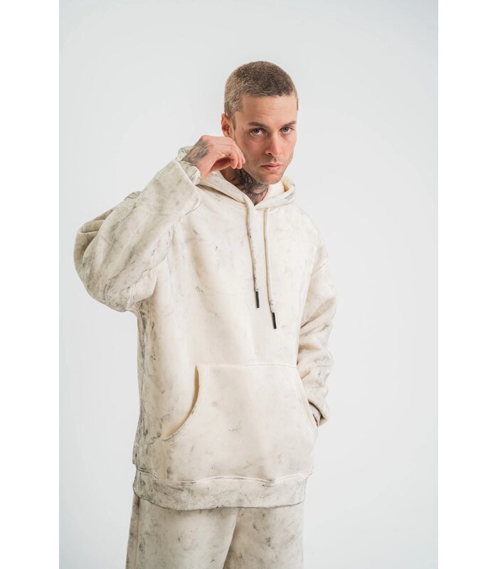 ERKEK 3 iplik Pamuklu Oversize Kapşonlu Yıkamalı SweatShirt Hoodie - Krem