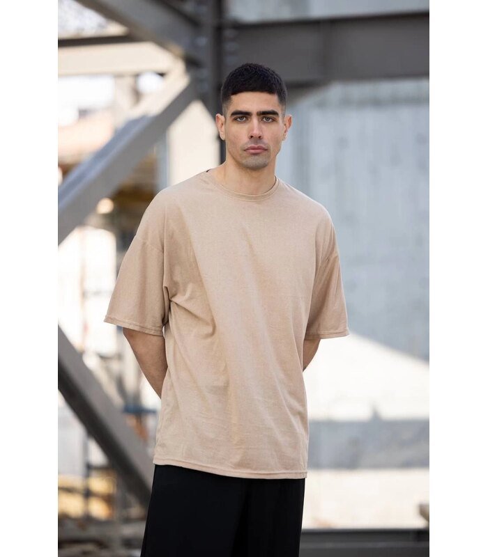 Erkek Düz T-Shirt Kısa Kol Bisiklet Yaka Regular Fit Rahat Kalıp Günlük Tişört - Bej