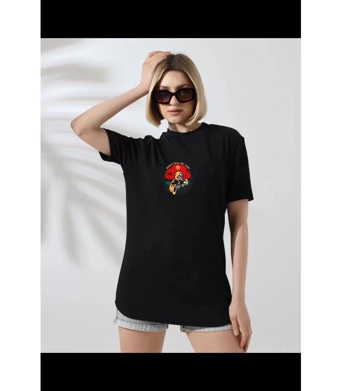 Kadın Bisiklet Yaka Baskılı kısa kol T-Shirt - Siyah