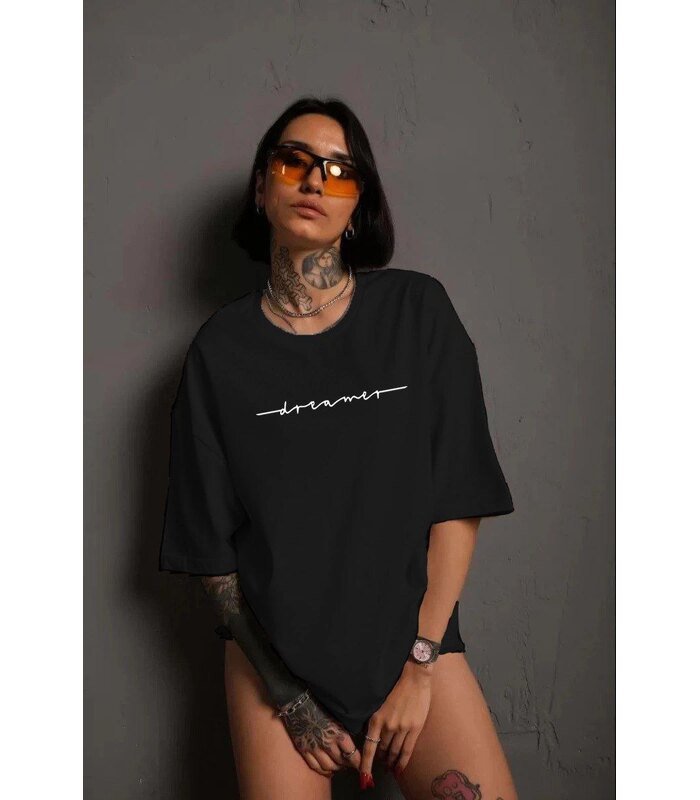 Kadın Bisiklet Yaka Baskılı kısa kol T-Shirt - Siyah