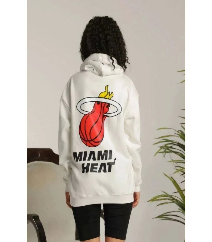Kadın Oversize Kapüşonlu Cepli Baskılı 3 İplik Pamuklu Hoodie Sweatshirt - Beyaz