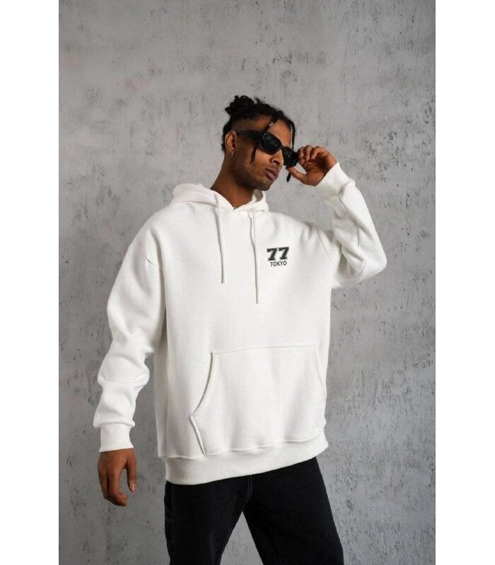 Erkek 3 İplik Pamuklu Kapüşonlu Baskılı Cepli Oversize Sweatshirt Hoodie - Beyaz