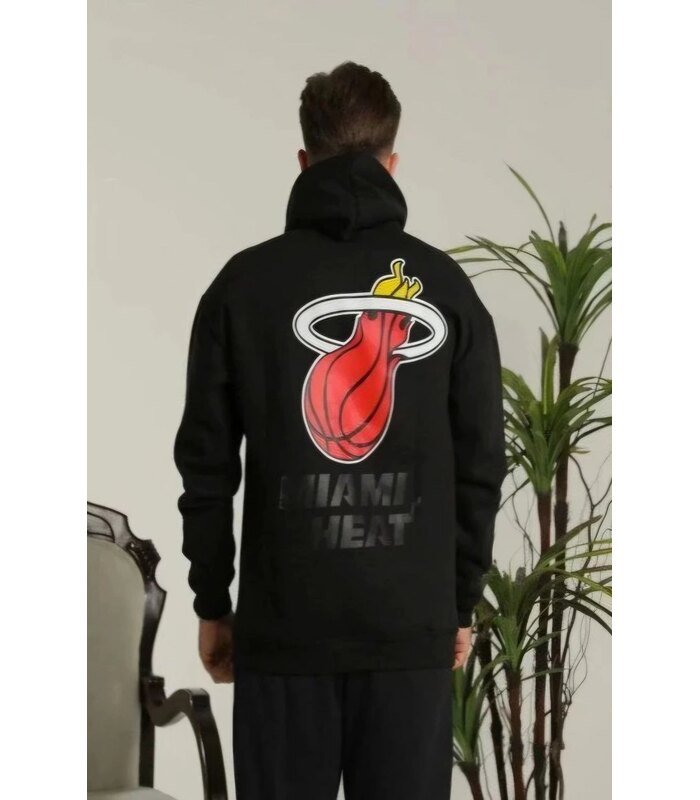 Erkek 3 İplik Pamuklu Kapüşonlu Baskılı Cepli Oversize Sweatshirt Hoodie - Siyah