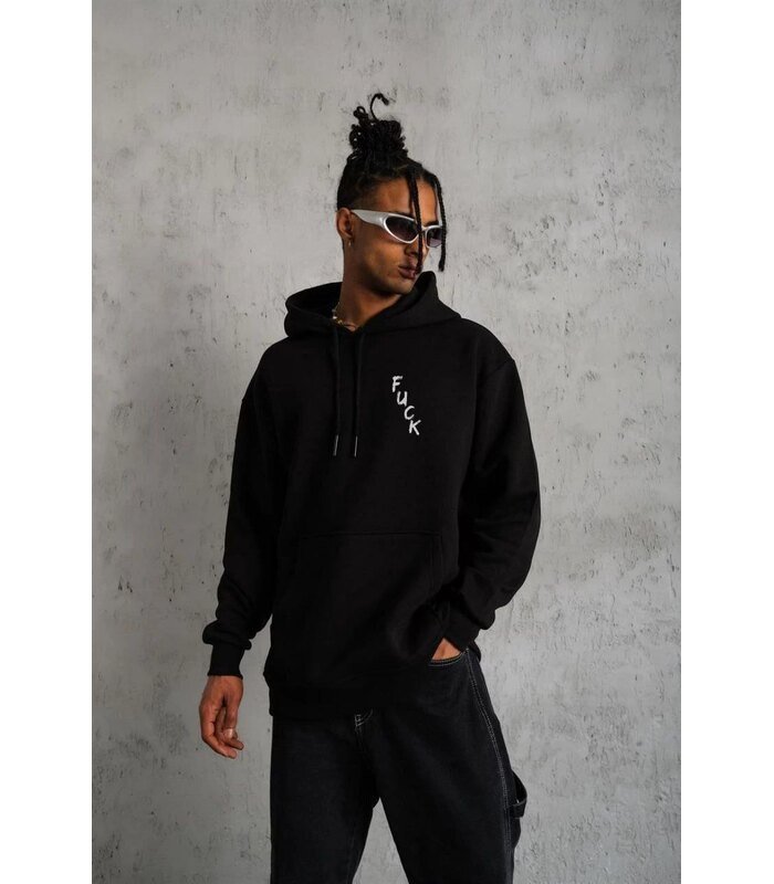 Erkek 3 İplik Pamuklu Kapüşonlu Baskılı Cepli Oversize Sweatshirt Hoodie - Siyah