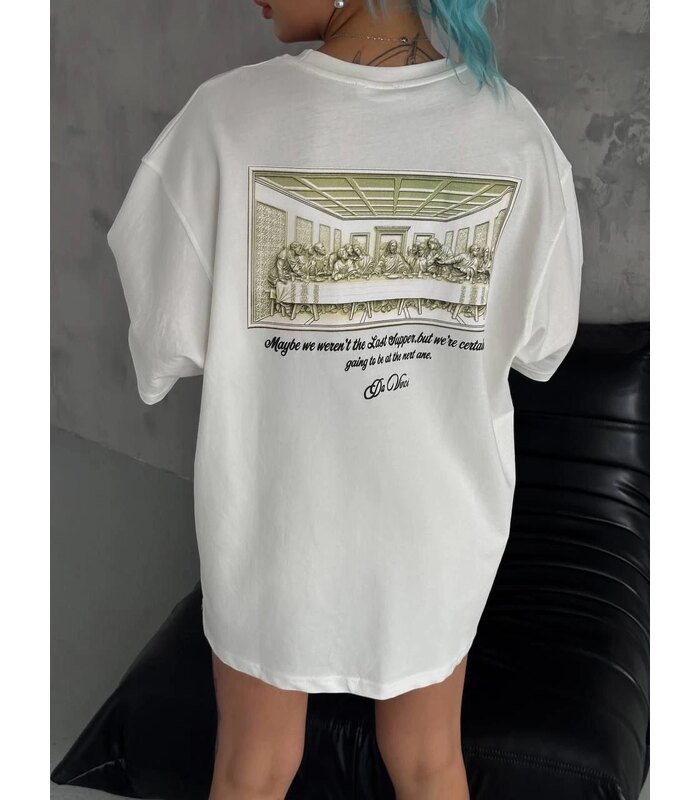 Kadın Baskılı T-Shirt Kısa Kol Bisiklet Yaka Oversize Tişört - Beyaz