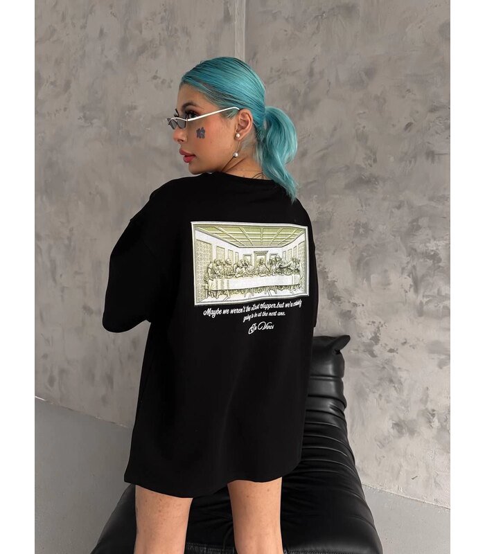 Kadın Baskılı T-Shirt Kısa Kol Bisiklet Yaka Oversize Rahat Kalıp Günlük Tişört - Siyah