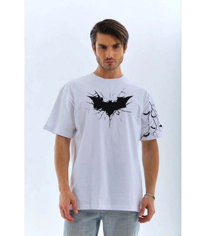 ERKEK Bisiklet yaka tişort Ön ve Kol YARASA Baskılı T-shirt - Beyaz
