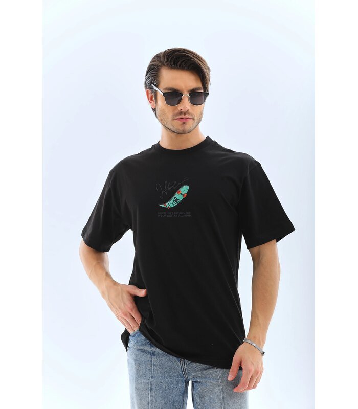 Erkek Kısa Kol Yazlık Tişört Bisiklet Yaka Baskılı Oversize T-Shirt - Siyah