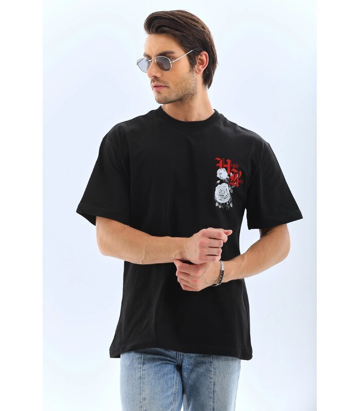 Erkek Baskılı T-Shirt Kısa Kol Bisiklet Yaka Rahat Kalıp Tişört - Siyah