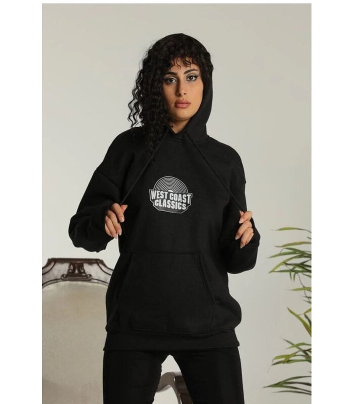 Kadın Oversize Kapüşonlu Cepli Baskılı 3 İplik Pamuklu Hoodie Sweatshirt - Siyah