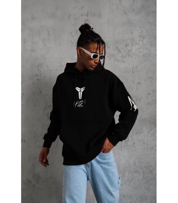 Erkek 3 İplik Pamuklu Kapüşonlu Kanguru Cepli Baskılı Oversize Hoodie Sweatshirt - Siyah