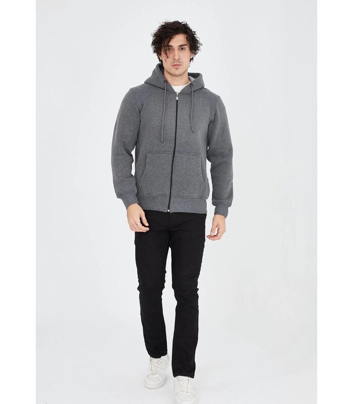 Erkek 3 İplik Pamuklu Kapüşonlu Tam Fermuarlı Cepli Hoodie Sweatshirt - Füme