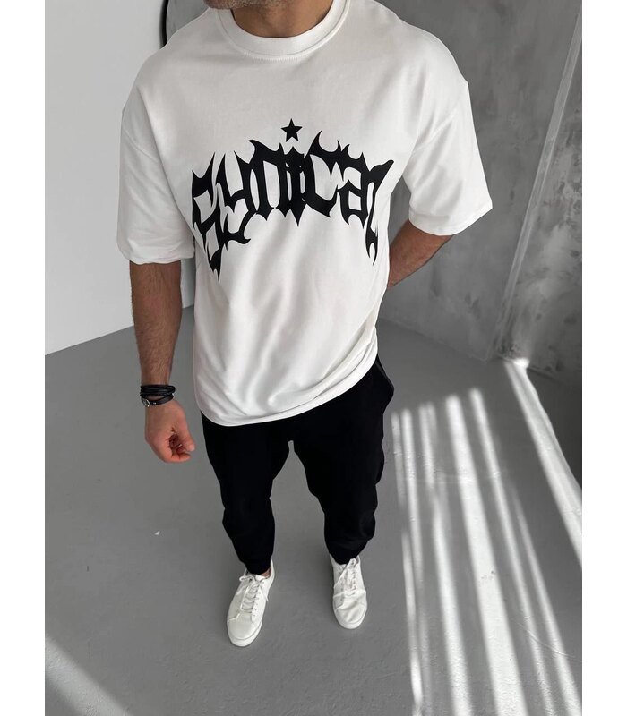 Erkek Baskılı Bisiklet Yaka T-Shirt - Beyaz
