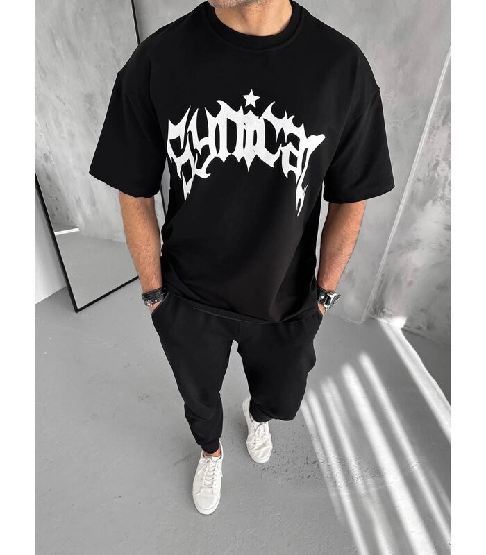 Erkek Baskılı Bisiklet Yaka T-Shirt - Siyah