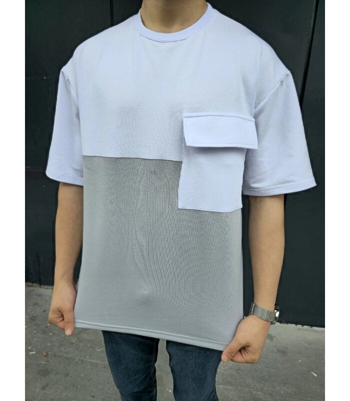 Erkek Kısa Kol Yazlık Tişört Torba Cepli Parçalı T-Shirt - Gri