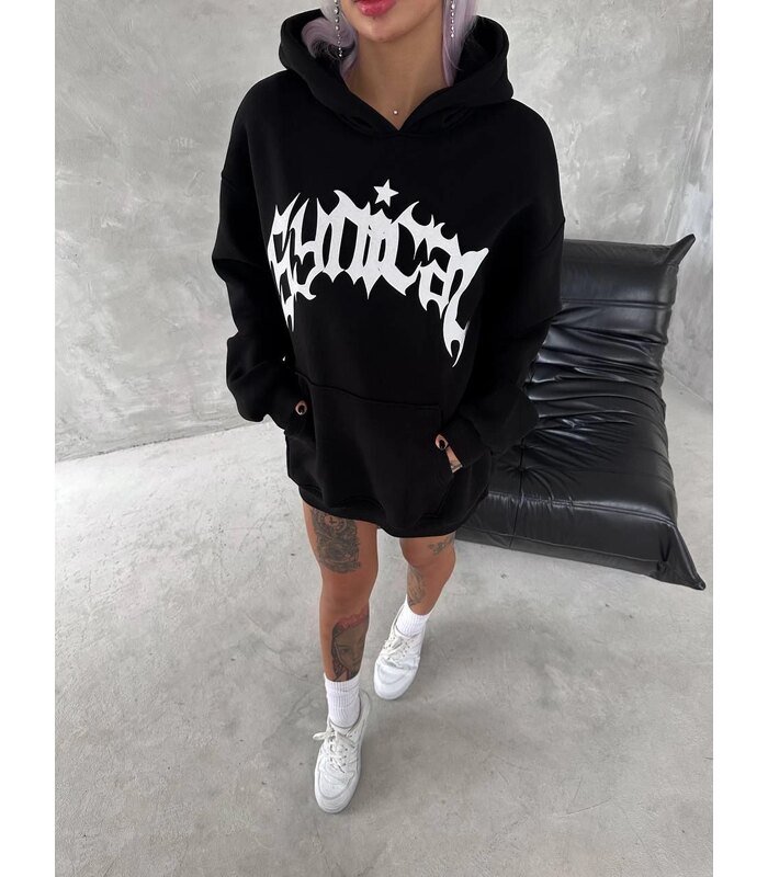 Kadın Oversize Kapüşonlu Cepli Baskılı 3 İplik Pamuklu Hoodie Sweatshirt - Siyah