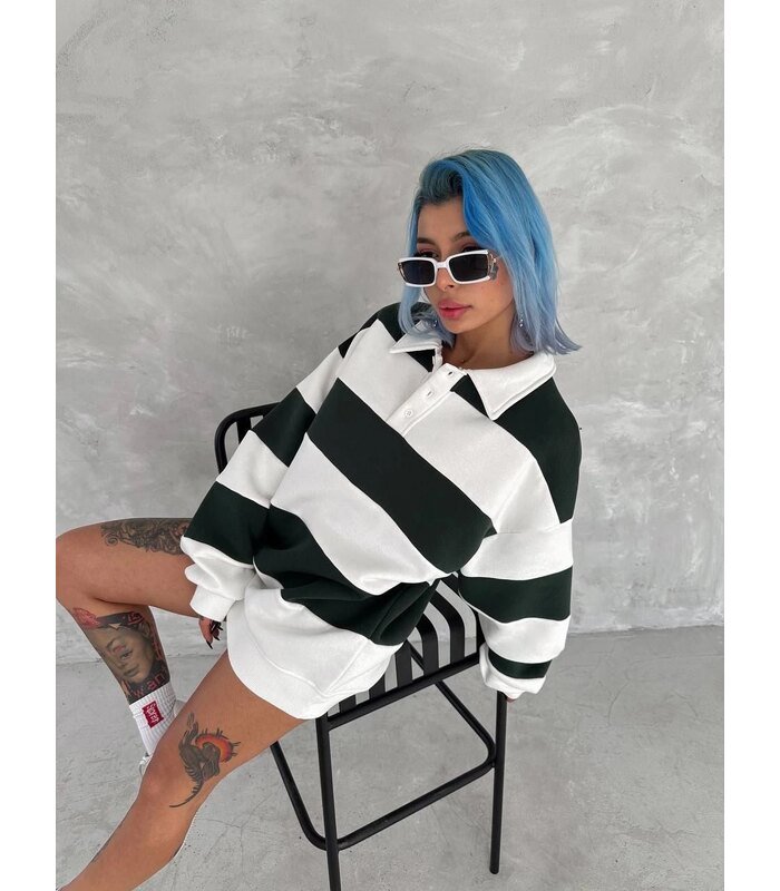 Kadın 3 iplik Pamuklu Parçalı Yakalı SweatShirt - Yeşil