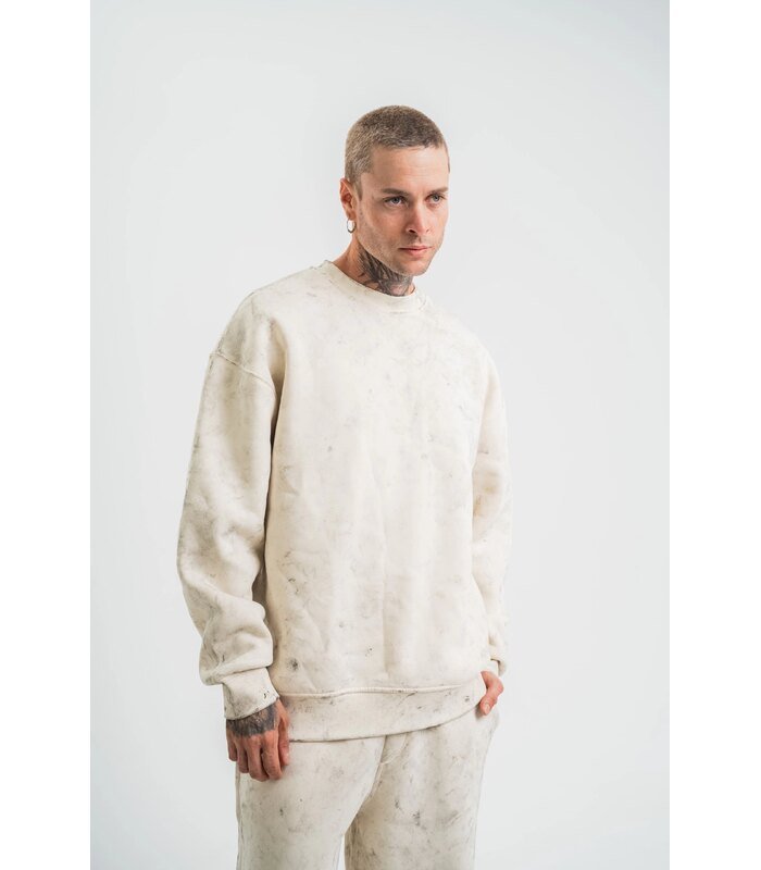 Erkek 3 İplik Pamuklu Yağ Yıkamalı Bisiklet Yaka Sweatshirt Oversize Hoodie - Krem