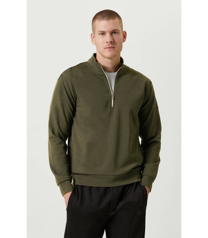 Erkek 3 iplik Pamuklu Uzun Kol Yarım Farmuarlı Yakalı SweatShirt - - Haki
