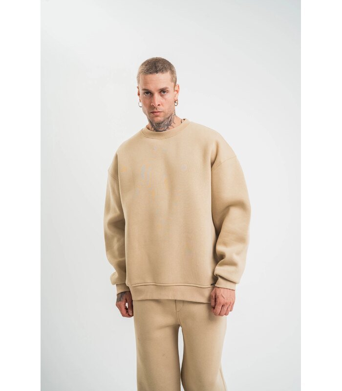 Erkek Uzun Kol Bisiklet Yaka 3 iplik Pamuklu Kışlık SweatShirt - Bej
