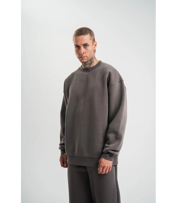 Erkek Uzun Kol Bisiklet Yaka 3 iplik Pamuklu Kışlık SweatShirt - Füme