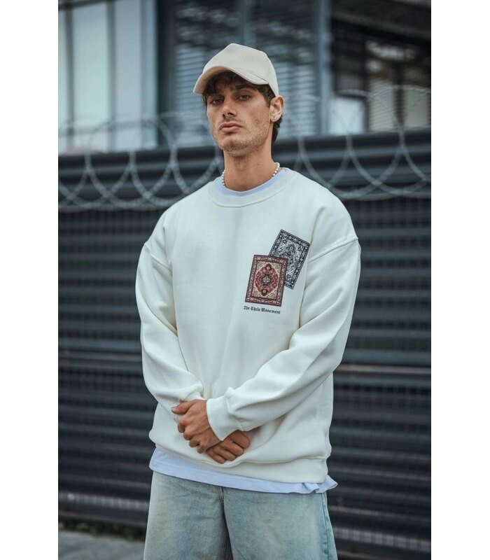 Erkek 3 iplik pamuklu Bisiklet Yaka Baskılı SweatShirt - Beyaz