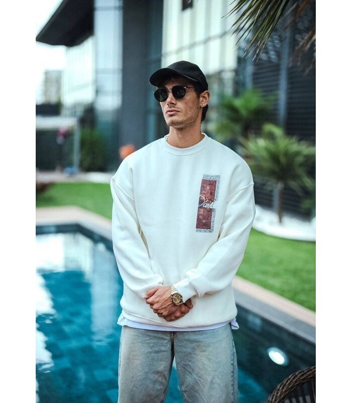 Erkek 3 iplik pamuklu Bisiklet Yaka Ön ve Arka Baskılı SweatShirt - Beyaz