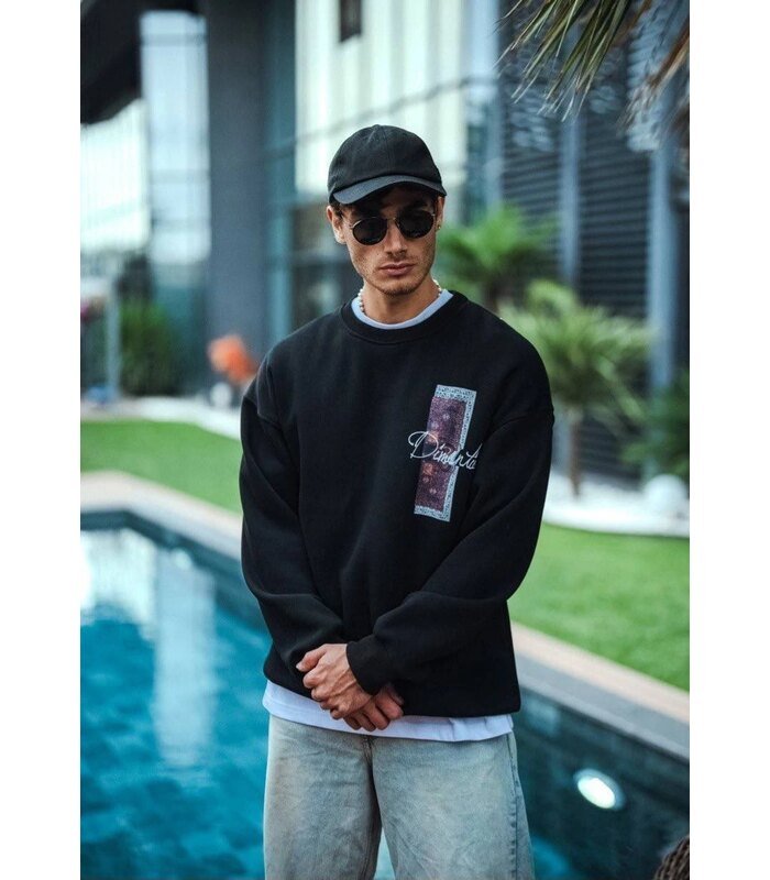 Erkek 3 iplik pamuklu Bisiklet Yaka Ön ve Arka Baskılı SweatShirt - Siyah