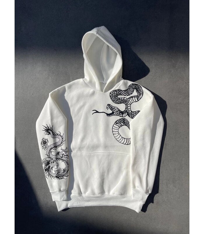 Kadın Oversize Kapüşonlu Kanguru Cepli Baskılı 3 İplik Pamuklu Sweatshirt Hoodie - Beyaz